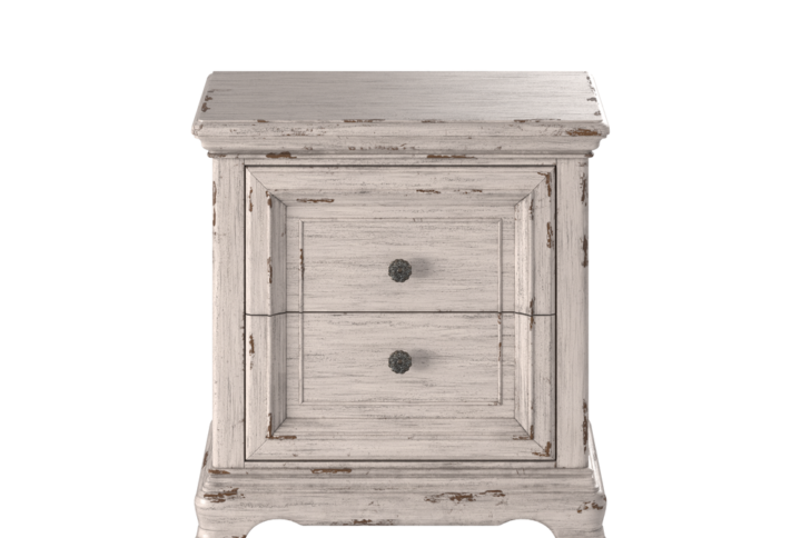 The Providence Bedroom Collection presents a rustic vibe combined with a stately and eloquent feel.  The distressed antique white finish features rub through giving the pieces that well worn look.  The nightstand features two spacious drawers for bedside storage with felt lining in the top drawer to protect your finer things.  Drawers feature English Dovetail construction with smooth operating  roller bearing side glides.  Antique brass knobs add to the vintage feel.  Your purchase includes one nightstand.