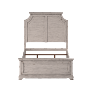 The Providence Bedroom Collection presents a rustic vibe combined with a stately and eloquent feel.  The distressed antique white finish features rub through giving the pieces that well worn look.  The gracious panel bed is marked by it's framed panels and elegantly shaped moldings.  Available in King or Queen.  Your purchase includes the panel headboard