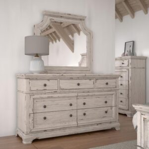 The Providence Bedroom Collection presents a rustic vibe combined with a stately and eloquent feel.  The distressed antique white finish features rub through giving the pieces that well worn look.  The dresser boasts seven spacious drawers for storage with felt lining in the top three drawers to protect your finer things.  Drawers feature English Dovetail construction with smooth operating  roller bearing side glides.  Antique brass knobs add to the vintage feel.  The stately mirror attaches to the dresser and features beveled glass for strength and beauty.  Your purchase includes one dresser and one mirror. .