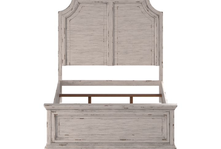 The Providence Bedroom Collection presents a rustic vibe combined with a stately and eloquent feel.  The distressed antique white finish features rub through giving the pieces that well worn look.  The gracious panel bed is marked by it's framed panels and elegantly shaped moldings.  Available in King or Queen.  Your purchase includes the panel headboard