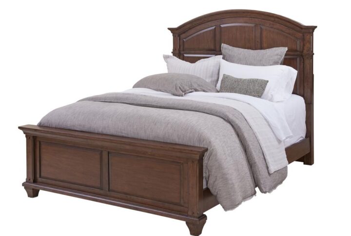 The Sedona Bedroom Collection is trending for a look that is rustic yet refined.  The distressed antique cinnamon cherry finish with rub through and detailed molding creates a sense of vintage charm in an up to date style.  You will rest easy in the Sedona King Bed against the backdrop of the beautiful arched headboard featuring a multi-paneled design.  Design details include thick crown molding and square