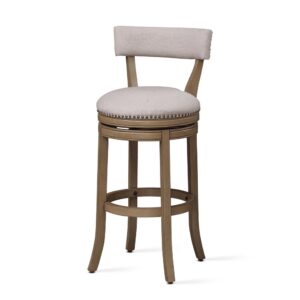 Casually elegant the Maricopa Stool will be the highlight of your design space.  The stool features a beautiful light brown finished frame in hardwood solids with a beige upholstered round seat and barrel shaped back.  Also featuring a swivel base