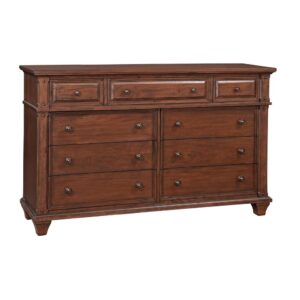 The Sedona Bedroom Collection is trending for a look that is rustic yet refined.  The distressed antique cinnamon cherry finish with rub through and detailed molding creates a sense of vintage charm in an up to date style.  The dresser is sturdily crafted of hardwood solids with Mango veneers and features drawers with English dovetail joinery and full extension ball bearing metal side guides for ease of operation.  Top drawers are felt lined to store your finer things and all drawer interiors are finished to prevent snagging.  Design details include return side molding and square