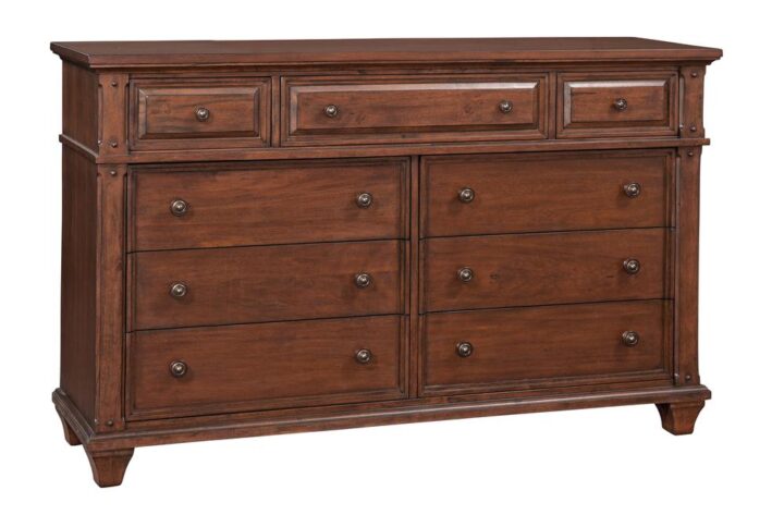 The Sedona Bedroom Collection is trending for a look that is rustic yet refined.  The distressed antique cinnamon cherry finish with rub through and detailed molding creates a sense of vintage charm in an up to date style.  The dresser is sturdily crafted of hardwood solids with Mango veneers and features drawers with English dovetail joinery and full extension ball bearing metal side guides for ease of operation.  Top drawers are felt lined to store your finer things and all drawer interiors are finished to prevent snagging.  Design details include return side molding and square