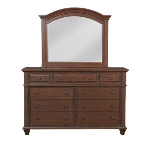tapered and flared bun feet forming a lovely silhouette. The Sedona dresser features 9 spacious drawers with dust panels on the bottom cases for added protection.  The beveled mirror features an arched frame to perfectly complement the matching dresser.  Your purchase includes one dresser and one mirror.