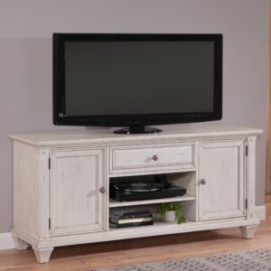 The Sedona Entertainment Console Collection is trending for a look that is rustic yet refined.  The distressed antique cobblestone white finish with rub through and detailed molding creates a sense of vintage charm in an up to date style.  Sturdily crafted of hard wood solids with mahogany veneers and featuring drawers with English dovetail joinery and full extension ball bearing metal side guides for ease of operation.  Two open compartments with rear cord access ports.