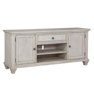 The Sedona Entertainment Console Collection is trending for a look that is rustic yet refined.  The distressed antique cobblestone white finish with rub through and detailed molding creates a sense of vintage charm in an up to date style.  Sturdily crafted of hard wood solids with mahogany veneers and featuring drawers with English dovetail joinery and full extension ball bearing metal side guides for ease of operation.  Two open compartments with rear cord access ports.