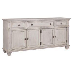 The Sedona Entertainment Console Collection is trending for a look that is rustic yet refined.  The distressed antique cobblestone white finish with rub through and detailed molding creates a sense of vintage charm in an up to date style.  Sturdily crafted of hard wood solids with mahogany veneers and featuring drawers with English dovetail joinery and full extension ball bearing metal side guides for ease of operation.  Cabinets reveal adjustable shelf with cord management ports.