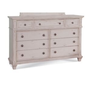 The Sedona Bedroom Collection is trending for a look that is rustic yet refined.  The distressed antique cobblestone white finish with rub through and detailed molding creates a sense of vintage charm in an up to date style.  The dresser is sturdily crafted of hardwood solids with mahogany veneers and features drawers with English dovetail joinery and full extension ball bearing metal side guides for ease of operation.  Top drawers are felt lined to store your finer things and all drawer interiors are finished to prevent snagging.  Design details include return side molding and square