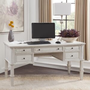 The Sedona Storage Desk is trending for a look that is rustic yet refined.  The distressed antique cobblestone white finish with rub through and detailed molding creates a sense of vintage charm in an up to date style.  Sturdily crafted of kiln-dried hard wood solids with mango veneers and drawers with English dovetail joinery and full extension ball bearing metal side guides for ease of operation.  There are three drawers with ample storage space to keep you well organized and one deep hanging file drawer that will accommodate either letter or legal size files.   All drawers feature picture framed drawer fronts with antiqued metal knobs.  You will be delighted with the extra bonus of the concealed USB ports and electrical outlets with easy access.