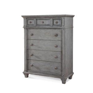 The Sedona Bedroom Collection is trending for a look that is rustic yet refined.  The distressed  heritage gray finish with rub through and detailed molding creates a sense of vintage charm in an up to date style.  Sturdily crafted of hardwood solids with mahogany veneers and featuring drawers with English dovetail joinery and full extension ball bearing metal side guides for ease of operation.  Top drawers are felt lined to store your finer things and all drawer interiors are finished to prevent snagging.  Design details include return side molding and square