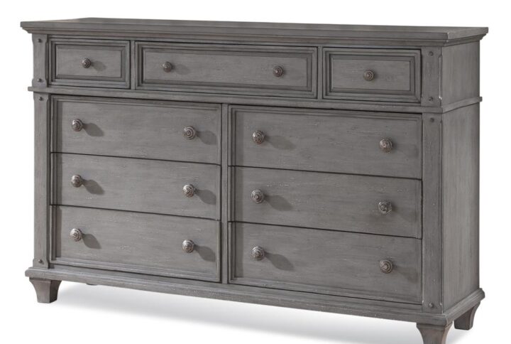 The Sedona Bedroom Collection is trending for a look that is rustic yet refined.  The distressed  heritage gray finish with rub through and detailed molding creates a sense of vintage charm in an up to date style.  The dresser is sturdily crafted of hardwood solids with mahogany veneers and features drawers with English dovetail joinery and full extension ball bearing metal side guides for ease of operation.  Top drawers are felt lined to store your finer things and all drawer interiors are finished to prevent snagging.  Design details include return side molding and square