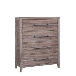 The Aurora bedroom collection has rustic character paired with industrial features in an antiqued whitewashed finish that lends a feeling of strength and simplicity.  The Aurora Four Drawer Chest offers ample storage and sturdy construction featuring English dovetail joinery