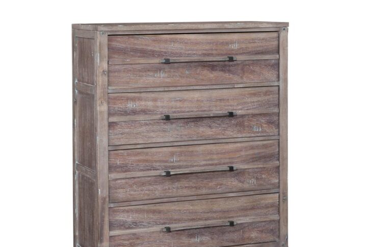 The Aurora bedroom collection has rustic character paired with industrial features in an antiqued whitewashed finish that lends a feeling of strength and simplicity.  The Aurora Four Drawer Chest offers ample storage and sturdy construction featuring English dovetail joinery