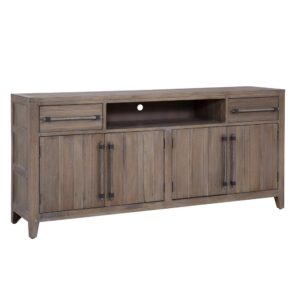 The Aurora Entertainment Console Collection has rustic character paired with industrial features in an antiqued weathered grey finish that lends a feeling of strength and simplicity.  Two drawers  with roller bearing side guides