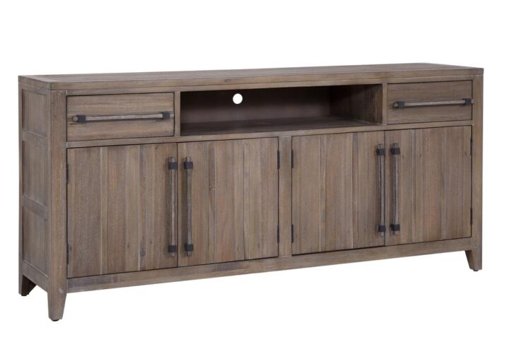 The Aurora Entertainment Console Collection has rustic character paired with industrial features in an antiqued weathered grey finish that lends a feeling of strength and simplicity.  Two drawers  with roller bearing side guides