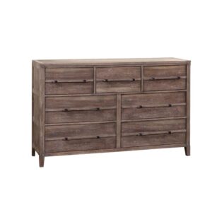 The Aurora bedroom collection has rustic character paired with industrial features in an antiqued weathered grey finish that lends a feeling of strength and simplicity.  The Aurora Seven Drawer dresser offers ample storage and sturdy construction featuring English dovetail joinery