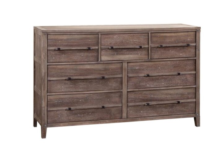 The Aurora bedroom collection has rustic character paired with industrial features in an antiqued weathered grey finish that lends a feeling of strength and simplicity.  The Aurora Seven Drawer dresser offers ample storage and sturdy construction featuring English dovetail joinery