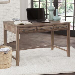 The Aurora Writing Desk has rustic character paired with industrial features in an antiqued weathered grey finish for today's casual lifestyle.  Sturdily constructed of kiln-dried hardwoods and veneers with three drawers featuring ball bearing side guides for smooth operation.