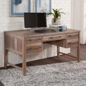The Aurora Storage Desk has rustic character paired with industrial features in an antiqued weathered grey for today's casual lifestyle.  Sturdily constructed of kiln-dried hardwoods and veneers with drawers that feature ball bearing side guides for smooth operation.  There are three drawers for storage and one deep hanging file drawer that will accommodate either letter or legal size files.  An added bonus are the concealed USB ports and electrical outlets with easy access.  This desk has everything you need to keep your home office running smooth.