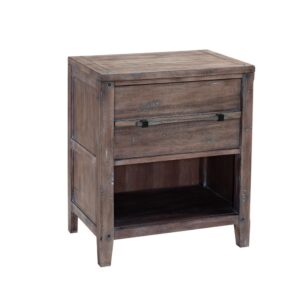 The Aurora has rustic character paired with industrial features in an antiqued weathered grey finish that lends a feeling of strength and simplicity.  The Aurora One Drawer Nightstand provides stylish bedside storage and the open bottom shelf allow for decorative storage as well.   Construction features include roller bearing side guides
