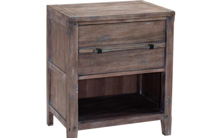 The Aurora has rustic character paired with industrial features in an antiqued weathered grey finish that lends a feeling of strength and simplicity.  The Aurora One Drawer Nightstand provides stylish bedside storage and the open bottom shelf allow for decorative storage as well.   Construction features include roller bearing side guides