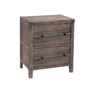 The Aurora has rustic character paired with industrial features in an antiqued weathered grey finish that lends a feeling of strength and simplicity.  The Aurora Two Drawer Nightstand provides stylish bedside storage.  Construction features include roller bearing side guides
