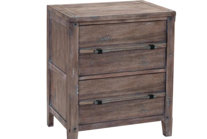 The Aurora has rustic character paired with industrial features in an antiqued weathered grey finish that lends a feeling of strength and simplicity.  The Aurora Two Drawer Nightstand provides stylish bedside storage.  Construction features include roller bearing side guides