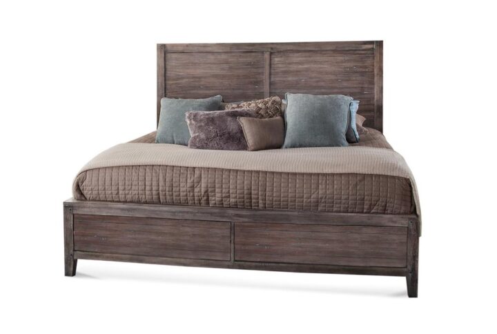 The Aurora bedroom collection has rustic character paired with industrial features in an antiqued weathered grey finish that lends a feeling of strength and simplicity.  This simple panel bed is accented by planked details and heavy molding on both the high headboard and low footboard.  Your purchase includes the queen panel headboard