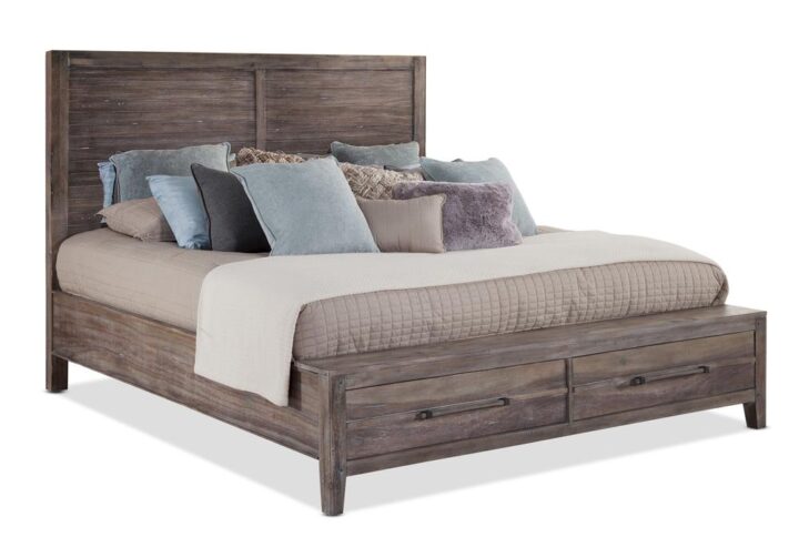 The Aurora bedroom collection has rustic character paired with industrial features in an antiqued weathered grey finish that lends a feeling of strength and simplicity.  The simple panel headboard is accented by planked details and heavy molding.  The footboard offers two storage drawers for your blankets and pillows. Your purchase includes the queen panel headboard