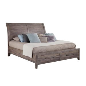 The Aurora bedroom collection has rustic character paired with industrial features in an antiqued weathered grey finish that lends a feeling of strength and simplicity.  The simple sleigh-inspired frame is accented by planked details and heavy molding.  The footboard offers two storage drawers for your blankets and pillows. Your purchase includes the queen headboard