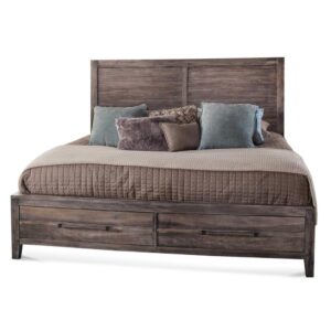 The Aurora bedroom collection has rustic character paired with industrial features in an antiqued weathered grey finish that lends a feeling of strength and simplicity.  The simple panel headboard is accented by planked details and heavy molding.  The footboard offers two storage drawers for your blankets and pillows. Your purchase includes the king panel headboard