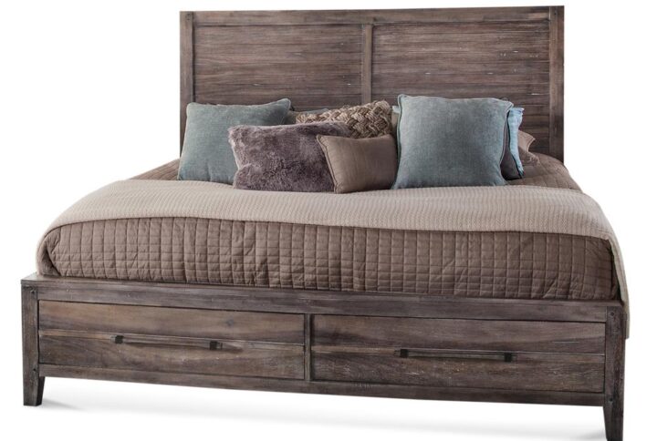 The Aurora bedroom collection has rustic character paired with industrial features in an antiqued weathered grey finish that lends a feeling of strength and simplicity.  The simple panel headboard is accented by planked details and heavy molding.  The footboard offers two storage drawers for your blankets and pillows. Your purchase includes the king panel headboard