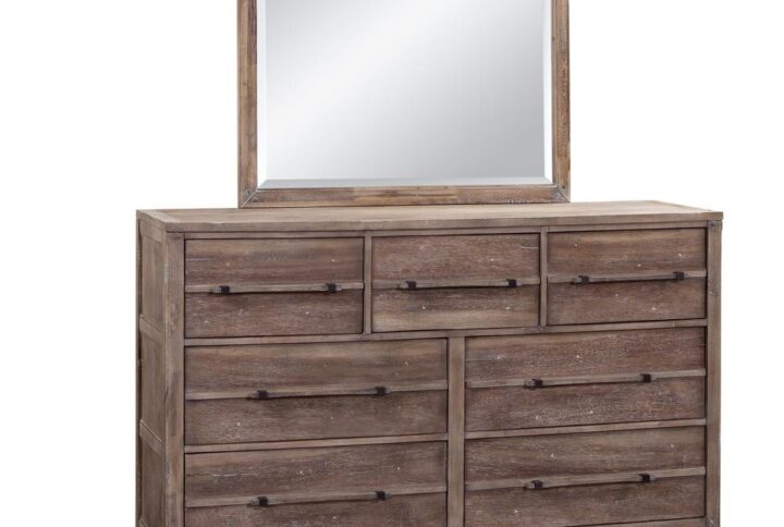 The Aurora bedroom collection has rustic character paired with industrial features in an antiqued weathered grey finish that lends a feeling of strength and simplicity.  The Aurora Seven Drawer Dresser and Mirror offers ample storage and sturdy construction featuring English dovetail joinery