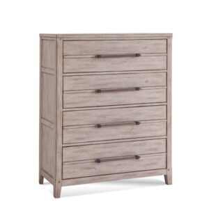 The Aurora bedroom collection has rustic character paired with industrial features in an antiqued whitewashed finish that lends a feeling of strength and simplicity.  The Aurora Four Drawer Chest offers ample storage and sturdy construction featuring English dovetail joinery