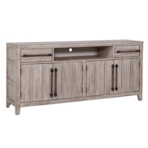 The Aurora Entertainment Console Collection has rustic character paired with industrial features in an antiqued whitewashed finish that lends a feeling of strength and simplicity.  Two drawers  with roller bearing side guides
