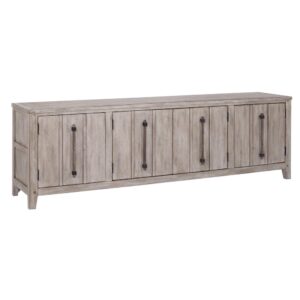 The Aurora Entertainment Console Collection has rustic character paired with industrial features in an antiqued whitewashed finish that lends a feeling of strength and simplicity.   Each cabinets contains an adjustable shelf and cord management port for easy access.  Your purchase includes one 80" console.