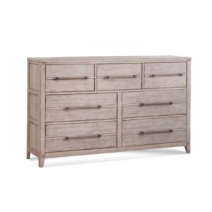 The Aurora bedroom collection has rustic character paired with industrial features in an antiqued whitewashed finish that lends a feeling of strength and simplicity.  The Aurora Seven Drawer dresser offers ample storage and sturdy construction featuring English dovetail joinery