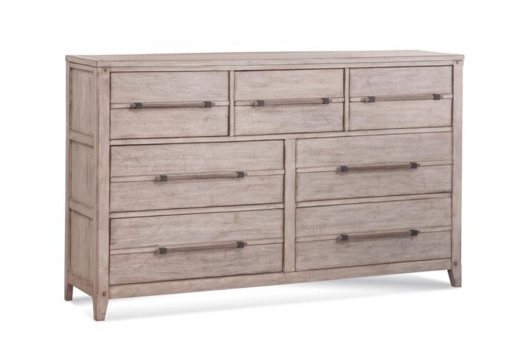 The Aurora bedroom collection has rustic character paired with industrial features in an antiqued whitewashed finish that lends a feeling of strength and simplicity.  The Aurora Seven Drawer dresser offers ample storage and sturdy construction featuring English dovetail joinery