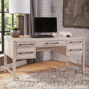 The Aurora Storage Desk has rustic character paired with industrial features in a whitewashed finish for today's casual lifestyle.  Sturdily constructed of kiln-dried hardwoods and veneers with drawers that feature ball bearing side guides for smooth operation.  There are three drawers for storage and one deep hanging file drawer that will accommodate either letter or legal size files.  An added bonus are the concealed USB ports and electrical outlets with easy access.  This desk has everything you need to keep your home office running smooth.