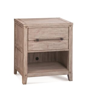 The Aurora has rustic character paired with industrial features in an antiqued whitewashed finish that lends a feeling of strength and simplicity.  The Aurora One Drawer Nightstand provides stylish bedside storage and the open bottom shelf allow for decorative storage as well.   Construction features include roller bearing side guides