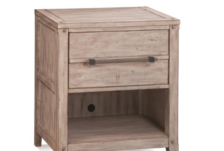 The Aurora has rustic character paired with industrial features in an antiqued whitewashed finish that lends a feeling of strength and simplicity.  The Aurora One Drawer Nightstand provides stylish bedside storage and the open bottom shelf allow for decorative storage as well.   Construction features include roller bearing side guides