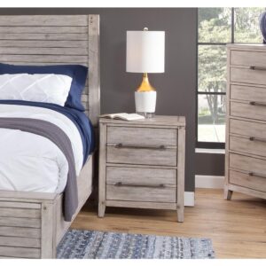 The Aurora has rustic character paired with industrial features in an antiqued whitewashed finish that lends a feeling of strength and simplicity.  The Aurora Two Drawer Nightstand provides stylish bedside storage.  Construction features include roller bearing side guides