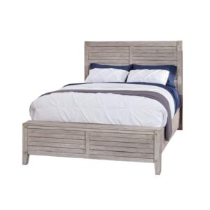 The Aurora bedroom collection has rustic character paired with industrial features in an antiqued whitewashed finish that lends a feeling of strength and simplicity.  This simple panel bed is accented by planked details and heavy molding on both the high headboard and low footboard.  Your purchase includes the queen panel headboard
