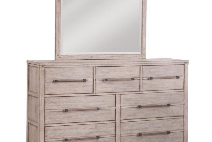 The Aurora bedroom collection has rustic character paired with industrial features in an antiqued whitewashed finish that lends a feeling of strength and simplicity.  The Aurora Seven Drawer Dresser and Mirror offers ample storage and sturdy construction featuring English dovetail joinery