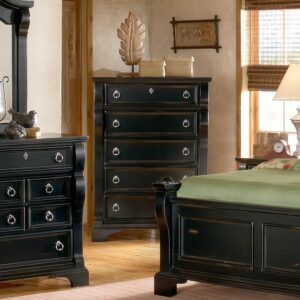 An heirloom is a timeless treasure that passes from generation to generation bringing each family member immeasurable joy through memories. The Heirloom Five Drawer Chest is a masterful piece of tradition that is finished in a distressed black finish with hints of gold rubbed through. From the heavy top to the beaded drawer fronts this chest of drawers was made to love for generations. The pewter ring pulls are brushed for a traditional look and feel. The drawers are center guided with positive drawer stops for years of smooth quiet function. And the 14 ½" drawers have English dovetail construction and fully finished interiors for a lifetime of snag free use. Enjoy a tradition of creating ageless family heirlooms with the Heirloom Five Drawer Chest.