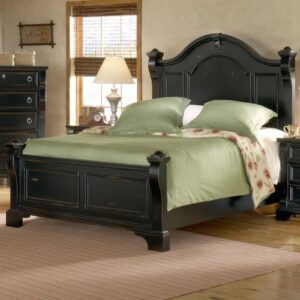 An heirloom is a timeless treasure that passes from generation to generation bringing each family member immeasurable joy through memories. The Heirloom Queen Poster Bed is a masterful piece of tradition that is finished in a distressed black finish with hints of gold rubbed through. The decorative arched crown rail is reminiscent of late 17th century architecture. Its centered medallion shape decoration and magnificently curved posts nostalgically frame the decorative dome beading of the headboard and the adorning panels of the footboard. Enjoy a tradition of creating ageless family heirlooms with the Heirloom Queen Poster Bed.