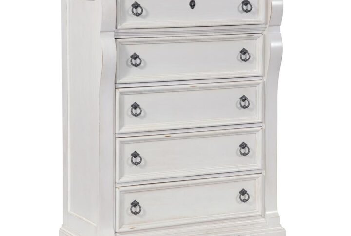 An heirloom is a timeless treasure that passes from generation to generation bringing each family member immeasurable joy through memories. The Heirloom Five Drawer Chest is a masterful piece of tradition finished in a distressed antique white with rubbed through highlights. From the heavy top to the beaded drawer fronts this chest of drawers was made to love for generations. The pewter ring pulls are brushed for a traditional look and feel. The drawers feature roller bearing side glides with positive drawer stops for years of smooth quiet function. And the 14 ½" drawers have English dovetail construction and fully finished interiors for a lifetime of snag free use. Enjoy a tradition of creating ageless family heirlooms with the Heirloom Five Drawer Chest.
