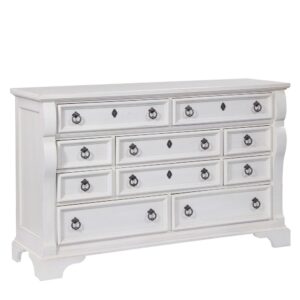 An heirloom is a timeless treasure that passes from generation to generation bringing each family member immeasurable joy through memories. The Heirloom Triple Dresser is a masterful piece of tradition finished in a distressed antique white with rubbed through highlights. From the heavy top to the beaded drawer fronts this dresser was made to love for generations. The pewter ring pulls are brushed for a traditional look and feel. The drawers feature roller bearing side glides with positive drawer stops for years of smooth quiet function. And the 14 ½" drawers have English dovetail construction and fully finished interiors for a lifetime of snag free use. Enjoy a tradition of creating ageless family heirlooms with the Heirloom Triple Dresser.