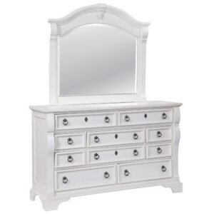 An heirloom is a timeless treasure that passes from generation to generation bringing each family member immeasurable joy through memories. The Heirloom Triple Dresser is a masterful piece of tradition that is finished in an antique white finish with rub through. From the heavy top to the beaded drawer fronts this dresser was made to love for generations. The pewter ring pulls are brushed for a traditional look and feel. The drawers feature roller bearing side glides with positive drawer stops for years of smooth quiet function. And the 14 ½" drawers have English dovetail construction and fully finished interiors for a lifetime of snag free use. The decorative arched crown rail is reminiscent of late 17th century architecture. Its centered medallion shape decoration and curved case nostalgically frames the reflective